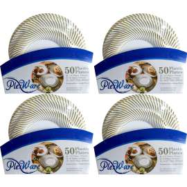 Plexware (4 Sets 50 Pcs White Heavy Duty Plastic Disposable Plates Set with Golden Swirl Rim, 7.5" Dessert - 20 Pcs, 9" Lunch - 15 Pcs, 10.25" Dinner - 15 pcs, Plastic Plates for Party Wedding