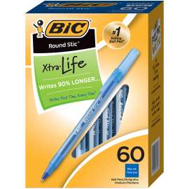 Round Stic Xtra Life Ball Pen, Blue, Medium Point, 60 Per Pack, 2 Packs