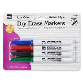Pocket Style Dry Erase Markers, Bullet Tip, Assorted Colors, 4 Per Pack, 12 Packs