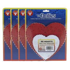 Paper Lace Doilies, White & Red Hearts, 4" & 6", 96 Per Pack, 4 packs