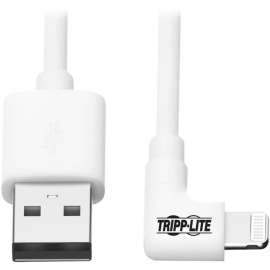 Tripp Lite Lightning to USB Sync Charge Cable Right-Angle for iPhones iPads Apple White 3ft 3' - Lightning/USB for iPod, iPad, iPhone, Wall Charger - 60 MB/s - 3 ft - 1 x Type A Male USB - 1 x Lightning Male Proprietary Connector - MFI - Nickel Plat