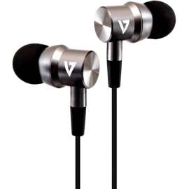 V7 Noise Isolating Stereo Earbuds with Microphone - Stereo - Mini-phone (3.5mm) - Wired - 32 Ohm - 20 Hz - 20 kHz - Earbud - Binaural - In-ear - 3.94 ft Cable - Silver