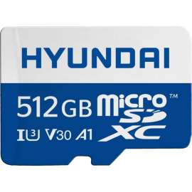 Hyundai 512GB microSDXC UHS-1 Memory Card with Adapter, 95MB/s (U3) 4K Video, Ultra HD, A1, V30, Up to 90MB/s write speeds for fast shooting. 4K UHD and Full HD ready with UHS Speed Class 3 (U3) and Video Speed Class 30 (V30). Rated A1 for faster loading 