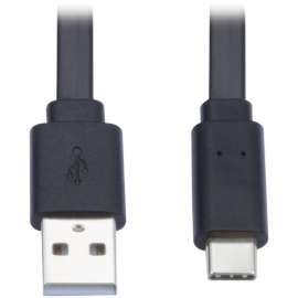 Tripp Lite USB-A to USB C Cable Flat USB 2.0 M/M Thunderbolt 3 Black 6ft, 6 ft USB/USB-C Data Transfer Cable for Smartphone, Computer, Wall Charger, Car Charger, Mobile Device, MacBook Pro, Notebook, Tablet, USB Hub, First End: 1 x Type A Male USB, Second