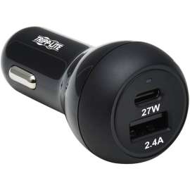 Tripp Lite Dual-Port USB Car Charger with 39W Charging USB-C (27W) PD 3.0 USB-A (12W) Black, 12 V DC Input, 5 V DC/3 A, 9 V DC Output, Black