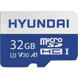 Hyundai 32GB microSDHC UHS-I Memory Card with Adapter, 90MB/s (U3), UHD, A1, V30, Up to 30MB/s write speeds for fast shooting. Full UHD ready with UHS Speed Class 3 (U3) and Video Speed Class 30 (V30). Rated A1 for faster loading and in app performance. C