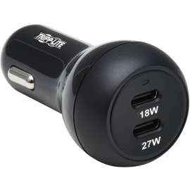 Tripp Lite USB Car Charger Dual-Port 45W Charging USB C 27W and 18W Black, 12 V DC Input, 5 V DC/3 A, 9 V DC Output, Black