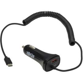 Tripp Lite USB Car Charger Dual Port 30W USB-A & USB C w Coiled Cord 6ft - 12 V DC Input - 3.6 V DC/3 A, 6 V DC, 9 V DC, 12 V DC Output - Black