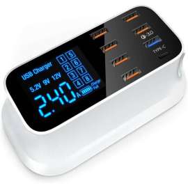 4XEM 40W 8-Port USB Desktop Charger Quick Charge (QC), 1 Pack, 40 W, 120 V AC, 230 V AC Input, 5 V DC/3 A, 9 V DC, 12 V DC Output