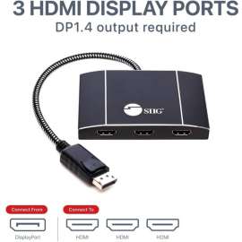 Siig 8K 1x3 DisplayPort 1.4 to HDMI MST Hub Splitter, 3 Port, 32.4Gbps Bandwidth, Supports 4K HDR and HDCP 2.2