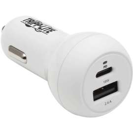 Tripp Lite USB Car Charger Dual-Port USB C 18W, USB-A 12W w/ Lightning Cable - 12 V DC Input - 5 V DC/3 A Output - White