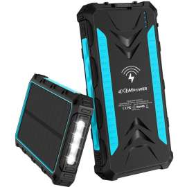 4XEM 20,000 maH Mobile Solar Power Bank and Charger (Blue), 20,000 maH Mobile Solar Power Bank and Charger fitted for wireless charging with access to 3 input ports: Solar, USB-C, and micro-USB (Blue colour decal) For Mobile Device, iPhone, iPod, iPad, Bl