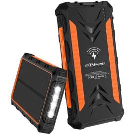 4XEM 20,000 maH Mobile Solar Power Bank and Charger (Orange) - 20,000 maH Mobile Solar Power Bank and Charger fitted for wireless charging with access to 3 input ports: Solar, USB-C, and micro-USB (Orange colour decal) For Mobile Device, Camping, iP