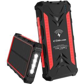 4XEM 20,000 maH Mobile Solar Power Bank and Charger (Red), 20,000 maH Mobile Solar Power Bank and Charger fitted for wireless charging with access too 3 input ports; Solar, USB-C and micro USB (Red colour decal)