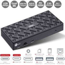 Siig USB-C Quad Hybrid 4K Video Docking Station with 100W PD, USB-C Quad Hybrid Docking station- Quad displays, 4x DisplayPort and/or 4x HDMI monitors at 4K60Hz, 100W Power Delivery for USB Type-C / Thunderbolt 3 laptop, 2.5G Ethernet