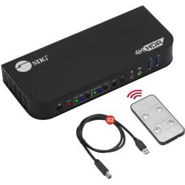 SIIG 2x1 HDMI 4K HDR KVM USB 3.0 Switch with Remote Control, Allows you to control 2 HDMI 4K computers using one keyboard and mouse, HDMI 4K@60, USB 3.0 ports, 3.5mm Phone & Mic Jacks, Switch Button, Hotkeys, Remote Control