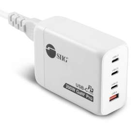 SIIG 200W GaN PD Combo Charger, 3C1A, Powerfull 4-Port high-power charger with three USB-C PD 3.0, Fast Charger 2.0, PPS and one USB-A Quick Charge 3.0 fast charging ports, Supports maximum 200W output totally, C1/C2 up to 100W, C3 up to 65W, USB-A up to 