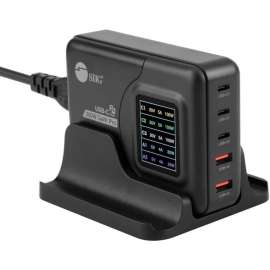 SIIG 200W GaN PD Charger with Charging Display- 3C2A - Portable USB Type-C Charger - Built-in LCD screen display - Maximum 200W output totally - USB-C up to 100W - USB-A up to 22.5W - Powerfull 5-Port high-power charger with three USB-C Ports / Comp