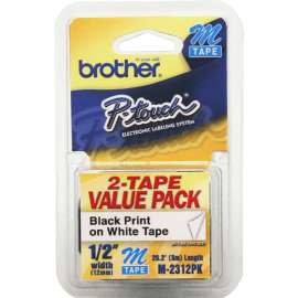Brother P-touch Nonlaminated M Tape Value Pack, 1/2", Rectangle, White, 2 / Pack