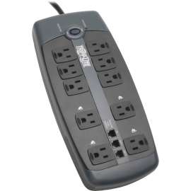 Tripp Lite Protect It! 10-Outlet Surge Protector 8 ft. (2.43 m) Cord with Right-Angle Plug 2395 Joules Tel/DSL Protection Black Housing, 10 x NEMA 5-15R, 1800 VA, 2395 J, 120 V AC Input