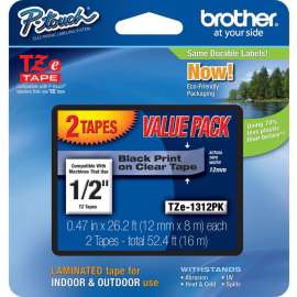 Brother 1/2" Black/Clear Laminated TZe Tape Value Pack, 1/2", Black, Clear, 2 / Pack, Grease Resistant, Grime Resistant, Temperature Resistant