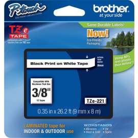 Brother P-touch TZe Laminated Tape Cartridges, 3/8" Width, Rectangle, White, Polyethylene Terephthalate (PET), Polyester Film