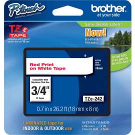 Brother P-Touch TZe Laminated Tape, 3/4", White, 1 Each, Grease Resistant, Grime Resistant, Temperature Resistant