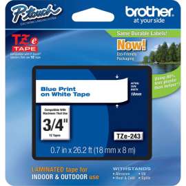 Brother P-Touch TZe Flat Surface Laminated Tape, 45/64", Thermal Transfer, White, Blue, 1 Each