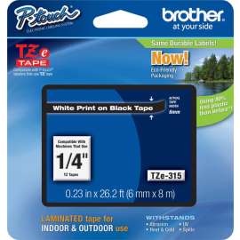 Brother P-touch TZe Laminated Tape Cartridges, 1/4", White, 1 Each, Grease Resistant, Grime Resistant, Temperature Resistant, Adhesive