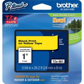 Brother P-Touch TZe Laminated Tape, 1" x 26 1/5 ft Length, Rectangle, Thermal Transfer, Yellow
