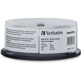 Verbatim BD-R DL 50GB 8X, White Label, DataLife+, White InkJet Hub Printable, 25PK Spindle, 50GB, 120mm Standard, 25 Pack Spindle