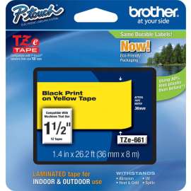 Brother P-Touch TZe Laminated Tape, 1 1/2" x 26 1/5 ft Length, Thermal Transfer, Direct Thermal, Yellow, 1 Each