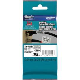 Brother 1" Black on White Flexible ID Tape, 15/16" x 26 1/4 ft Length, Rectangle, Thermal Transfer, White