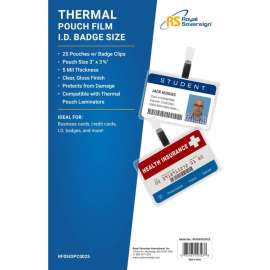 Royal Sovereign laminating pouch film, ID Badge Size 2-9/16" x 3-3/4" 5 mil, 25 pack, Royal Sovereign-ID Badge Size w/ Clips-5 Mil-25 Pack-Thermal Laminating Pouches