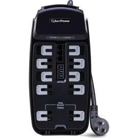 CyberPower CSP1008T Professional 10, Outlet Surge with 2850 J, Clamping Voltage 800V, 8 ft, NEMA 5-15P, Right Angle, 45 Offset, 15 Amp, EMI/RFI Filtration, Black, Lifetime Warranty