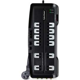 CyberPower CSHT1208TNC2 Home Theater 12, Outlet Surge with 3150 J, Clamping Voltage 800V, 8 ft, NEMA 5-15P, Right Angle, 45 Offset, 15 Amp, EMI/RFI Filtration, Black, Data Protection, RG6 Coaxial Protection, Lifetime Warranty