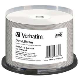 Verbatim DVD+R DL 8.5GB 8X DataLifePlus White Thermal Printable, Hub Printable, 50pk Spindle, 120mm, Printable, Thermal Printable