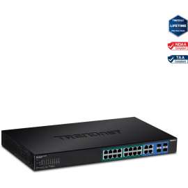 TRENDnet 20-Port Gigabit PoE+ Web Smart PoE+ Switch, 16 x Gigabit PoE+ Ports, 4 x Shared Gigabit Ports, Up To 30W Per Port, 185W Total Power Budget, Rack Mountable, Black, TPE-1620WS, 20-Port Gigabit Web Smart PoE+ Switch
