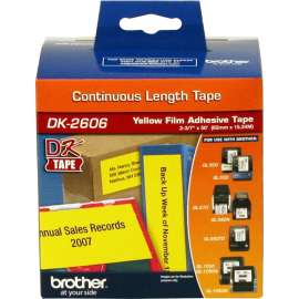 Brother DK2606, Continuous Length Film Tape, 2.44" Width x 50 ft Length, Direct Thermal, Yellow