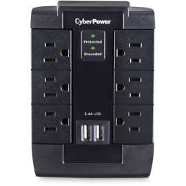 CyberPower CSP600WSU Professional 6, Outlet Surge with 1200 J, Clamping Voltage 800V, NEMA 5-15P, Wall Tap, 2, 2.4 Amps (Shared) USB, EMI/RFI Filtration, Black, Lifetime Warranty