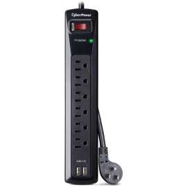 CyberPower CSP604U Professional 6, Outlet Surge with 1200 J, Clamping Voltage 800V, 4 ft, NEMA 5-15P, Right Angle, 45 Offset, 15 Amp, 2, 2.4 Amps (Shared) USB, EMI/RFI Filtration, Black, Lifetime Warranty