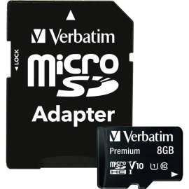 Verbatim 8GB Premium microSDHC Memory Card with Adapter, UHS-I Class 10, Class 10, 80MBps Read, 80MBps Write1 Pack