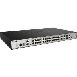 D-Link 28-Port Layer 3 Stackable Managed Gigabit Switch including 4 10GbE Ports, 24 Ports, Manageable, Gigabit Ethernet, 10 Gigabit Ethernet, 10/100/1000Base-TX, 10GBase-SR, 10GBase-LR, 1000Base-LX, 1000Base-SX, 10GBase-LRM