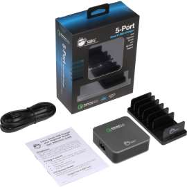 SIIG 5-Port Smart USB Charger plus Organizer Bundle with QC3.0 & Type-C, Black, 45 W, 120 V AC, 230 V AC Input, 12 V DC/3 A, 9 V DC, 6.5 V DC Output