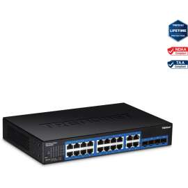 TRENDnet 20-Port Gigabit Web Smart Switch; 16 x Gigabit Ports; 4 x shared Gigabit Ports (RJ-45/SFP); VLAN; QoS; LACP; IPv6 Support; 40 Gbps Switching Capacity; Lifetime Protection; TEG-204WS, 20-Port Gigabit Web Smart Switch