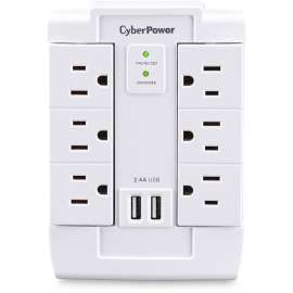 CyberPower CSP600WSURC2 Professional 6, Outlet Surge with 1200 J, Clamping Voltage 800V, NEMA 5-15P, Wall Tap, 2, 2.4 Amps (Shared) USB, EMI/RFI Filtration, White, Lifetime Warranty