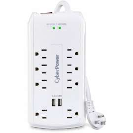 CyberPower CSP806U Professional 8 - Outlet Surge with 3000 J - Clamping Voltage 600V, 6 ft, NEMA 5-15P, 15 Amp, 2 - 2.4 Amps (Shared) USB, EMI/RFI Filtration, White, RG6 Coaxial Protection, Lifetime Warranty