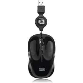 Adesso iMouse S8B, USB Illuminated Retractable Mini Mouse, Optical, Cable, Black