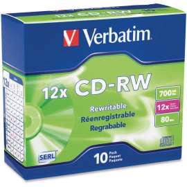 Verbatim CD-RW 700MB 4X-12X High Speed with Branded Surface, 10pk Slim Case, 120mm, 1.33 Hour Maximum Recording Time