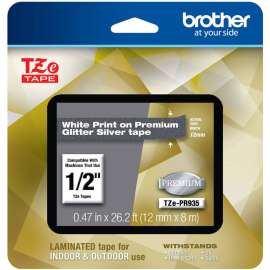 Brother TZe Premium Glitter Laminated Tape, 12mm, Brother P-touch TZe-PR935 White Print on Premium Glitter Silver Laminated Tape 12mm (0.47") wide x 8m (26.2') long